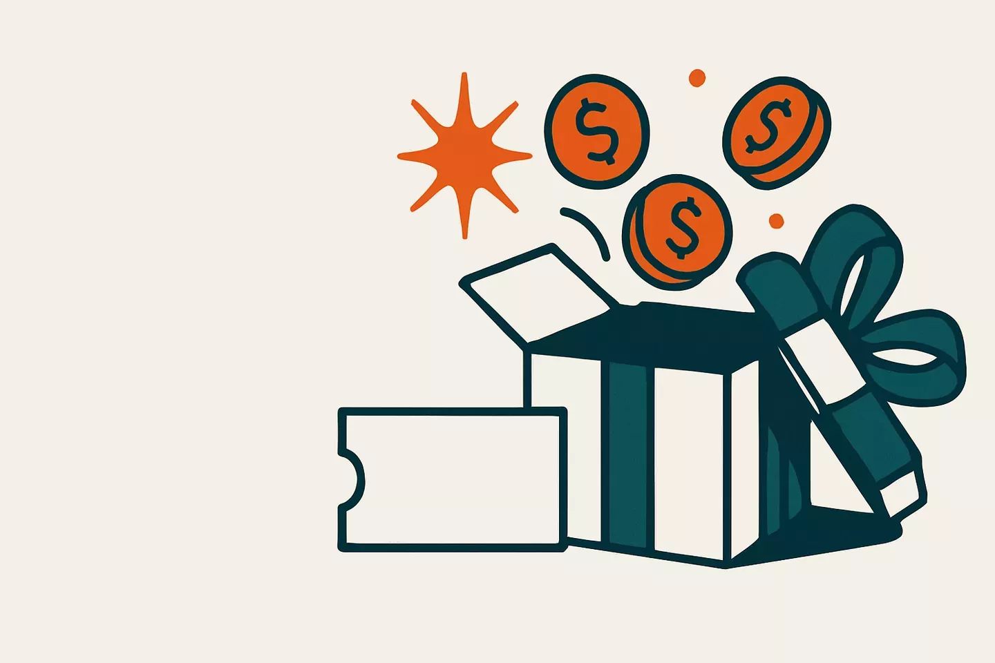 Gift box with coins and a bonus ticket
