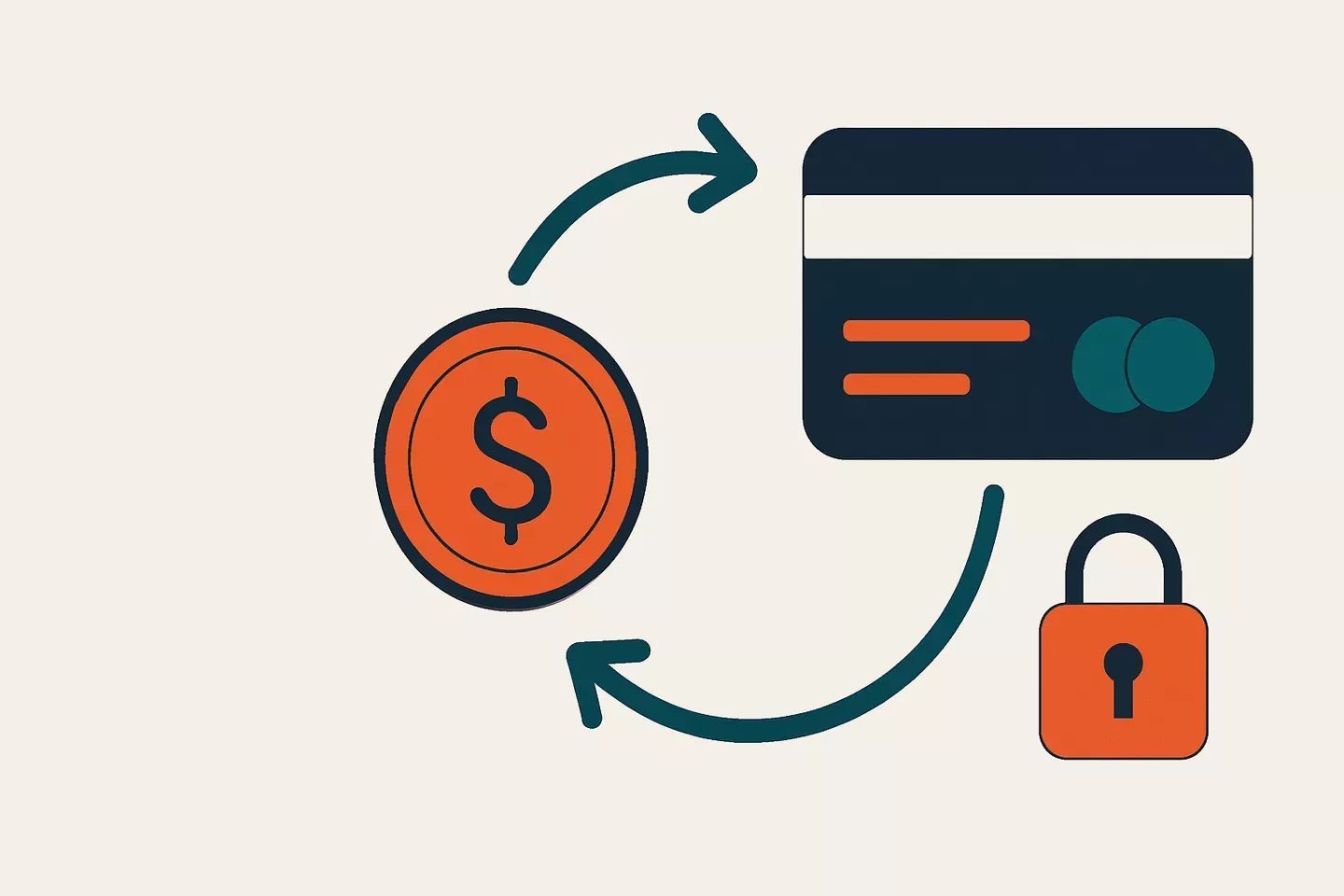 Bank card, coin and a transfer arrow