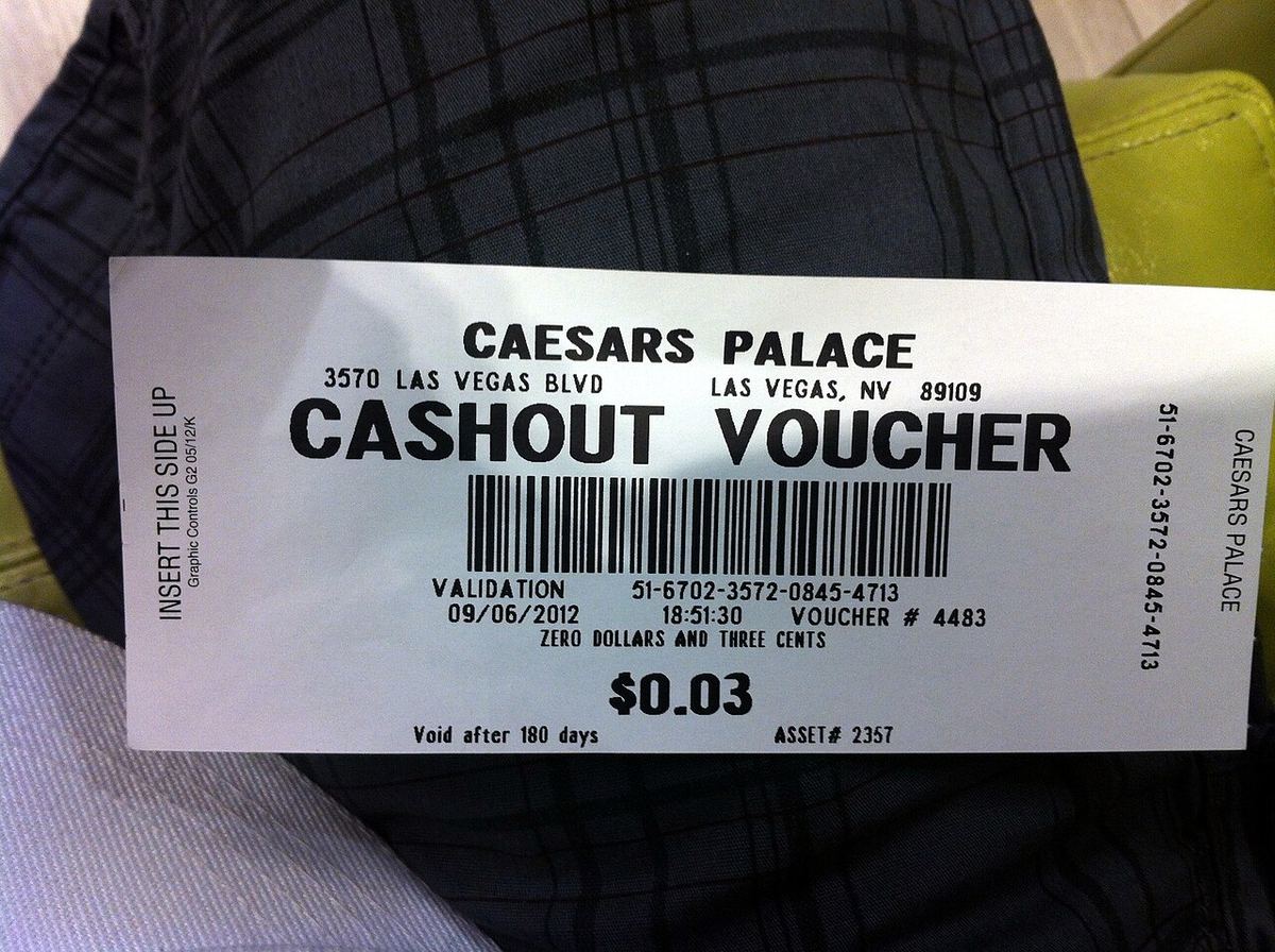 Paper slot machine cash-out voucher from Caesars Palace, Las Vegas, worth $0.03