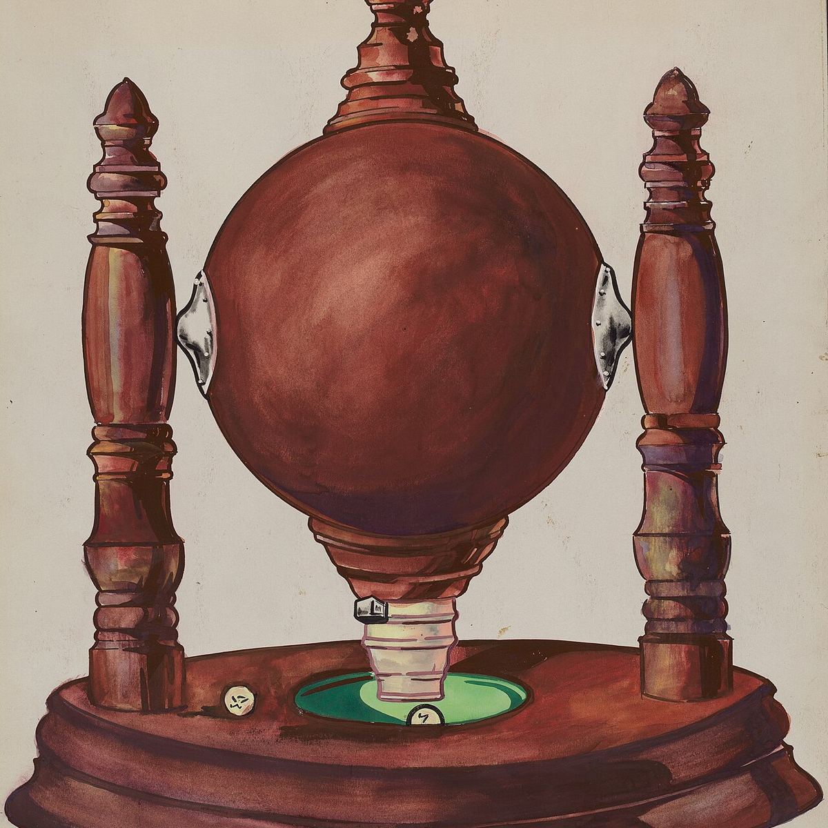 Watercolour of a wooden keno goose, a turned globe on a stand that releases numbered balls